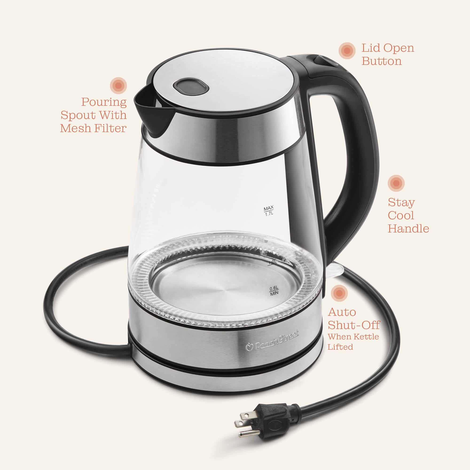 Sleek stainless accents complement the glass body of Peach Street Speed-Boil.