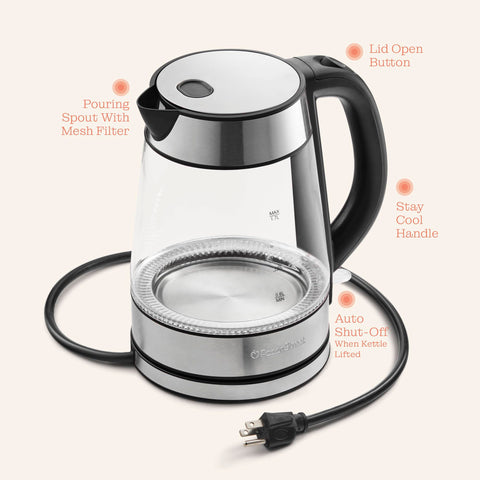Sleek stainless accents complement the glass body of Peach Street Speed-Boil.