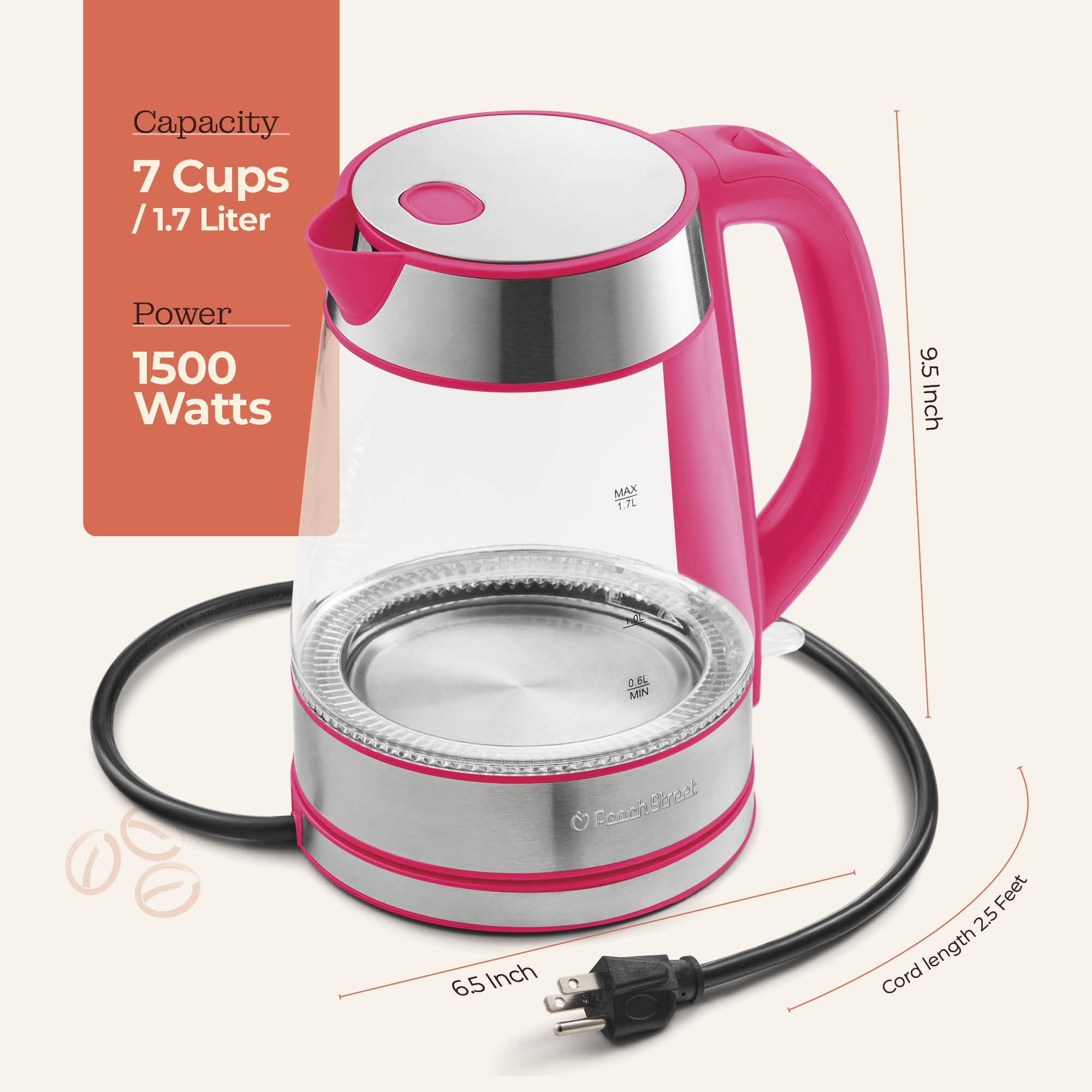 Peach Street Speed-Boil kettle wide-mouth for easy refilling and cleaning.