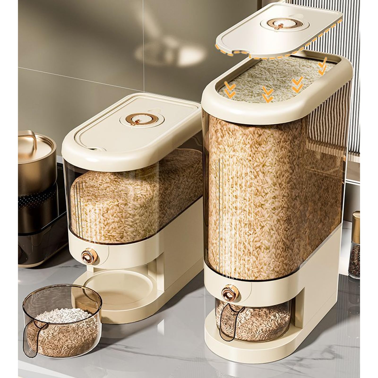 Peaoop 22lbs rice dispenser shows clear container for easy capacity checks