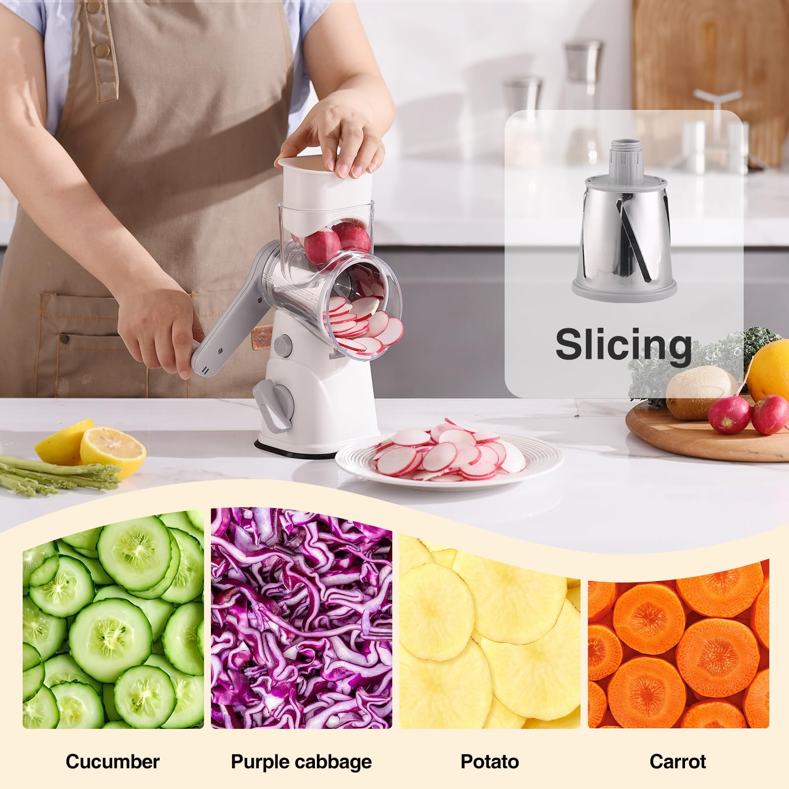 peatend slicing blade creates even veggie slices