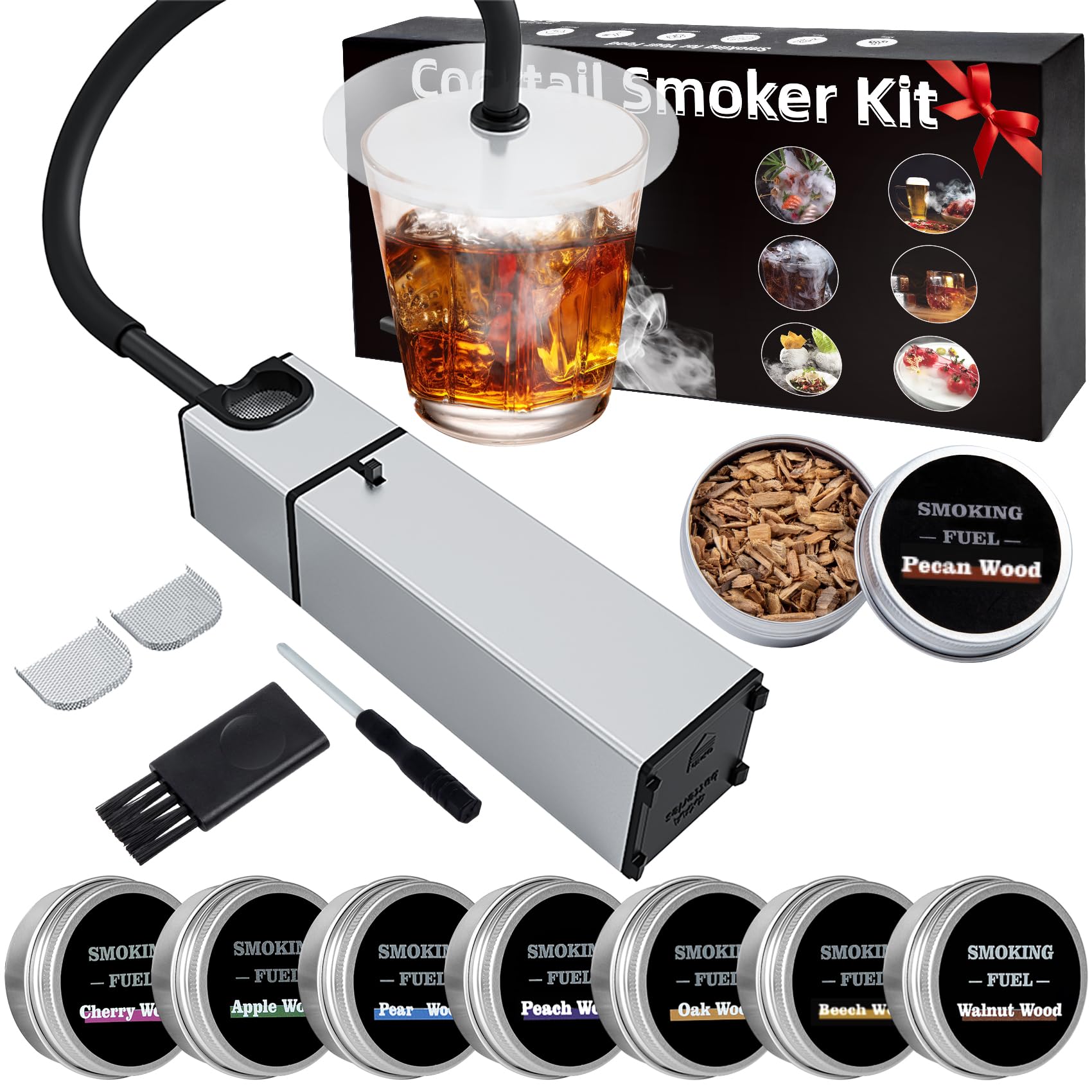 Pecrol whiskey smoker kit packaging highlights an easy setup for quick flavor enhancement.
