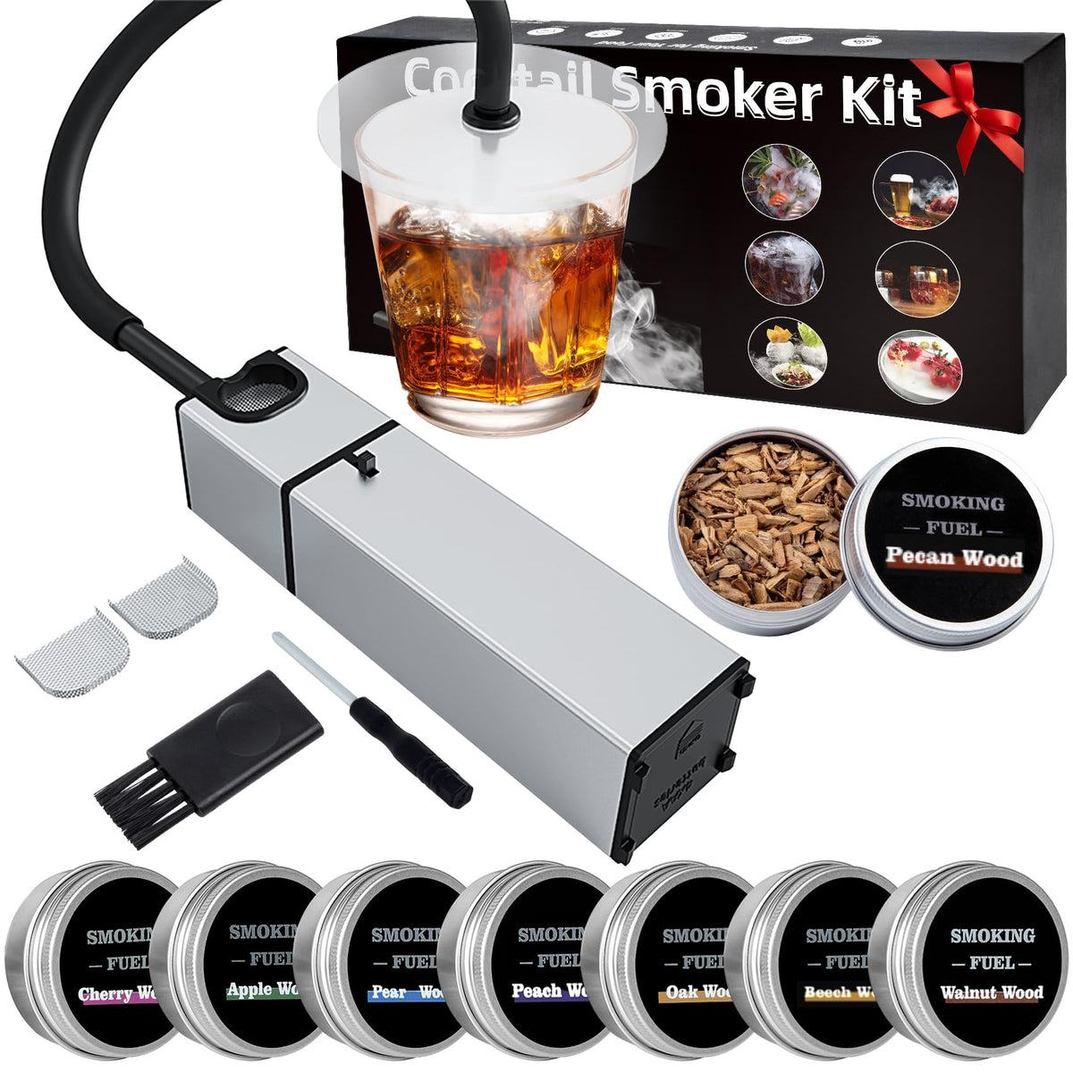 Pecrol whiskey smoker kit packaging highlights an easy setup for quick flavor enhancement.