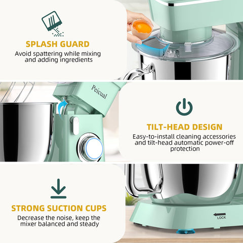Peicual anti-slip feet keep the mixer stable during dense dough.