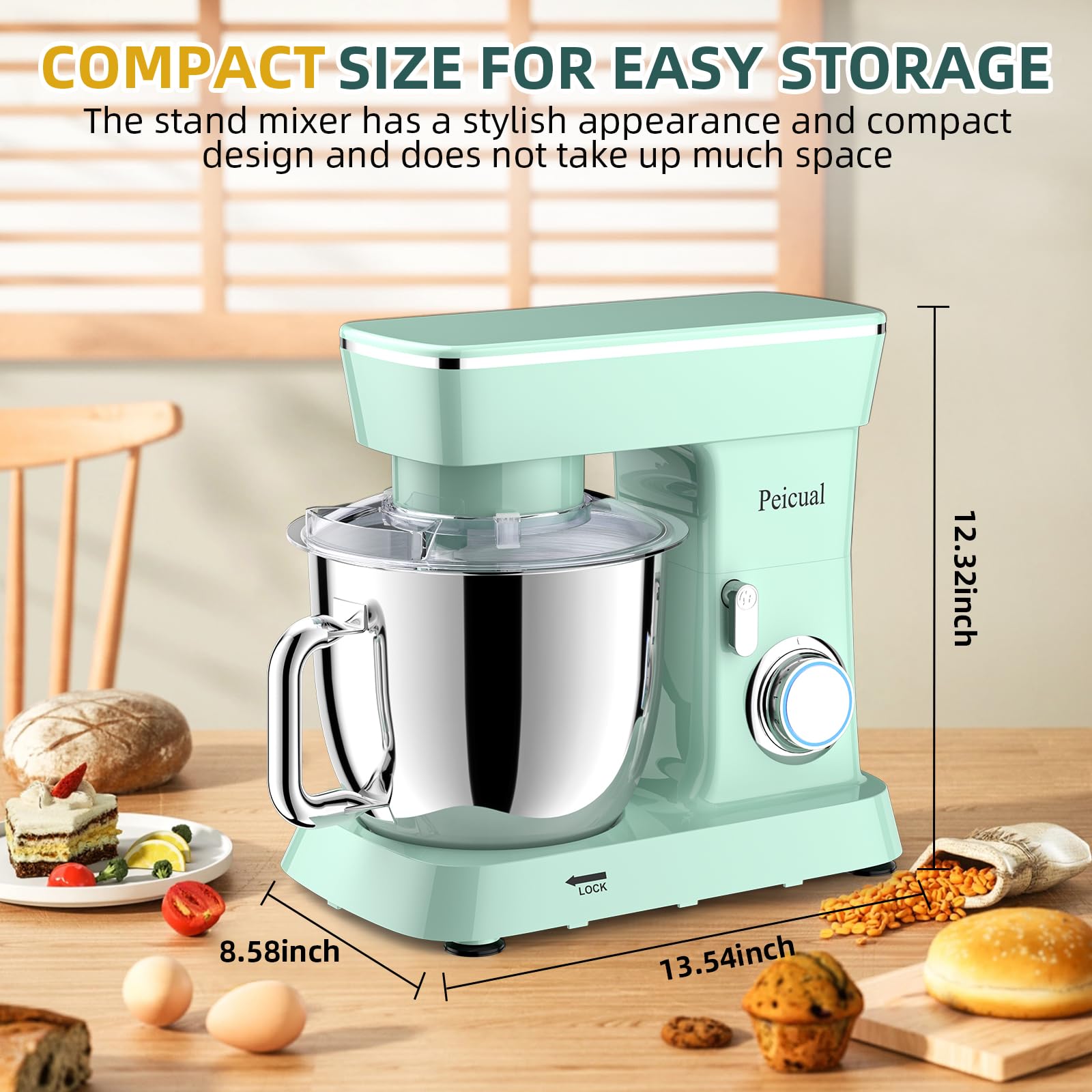 Peicual splash guard reduces mess while vigorous mixing.