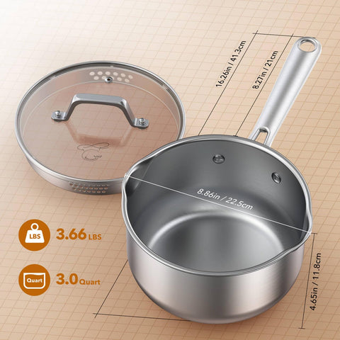 PekGema 3qt saucepan with extended handles for a cool, comfortable grip.