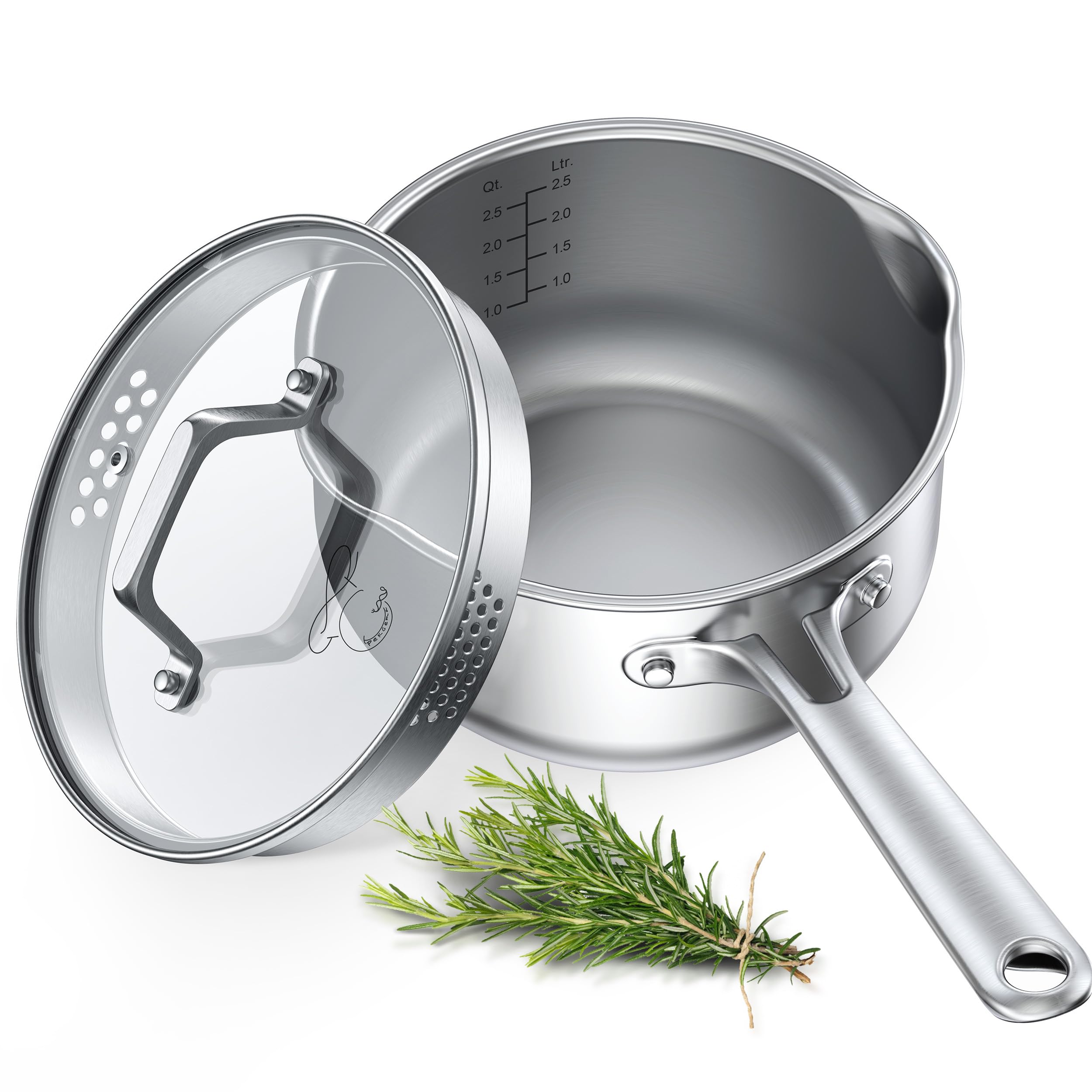 PekGema 3qt saucepan with glass lid and strainer for easy monitoring and draining.