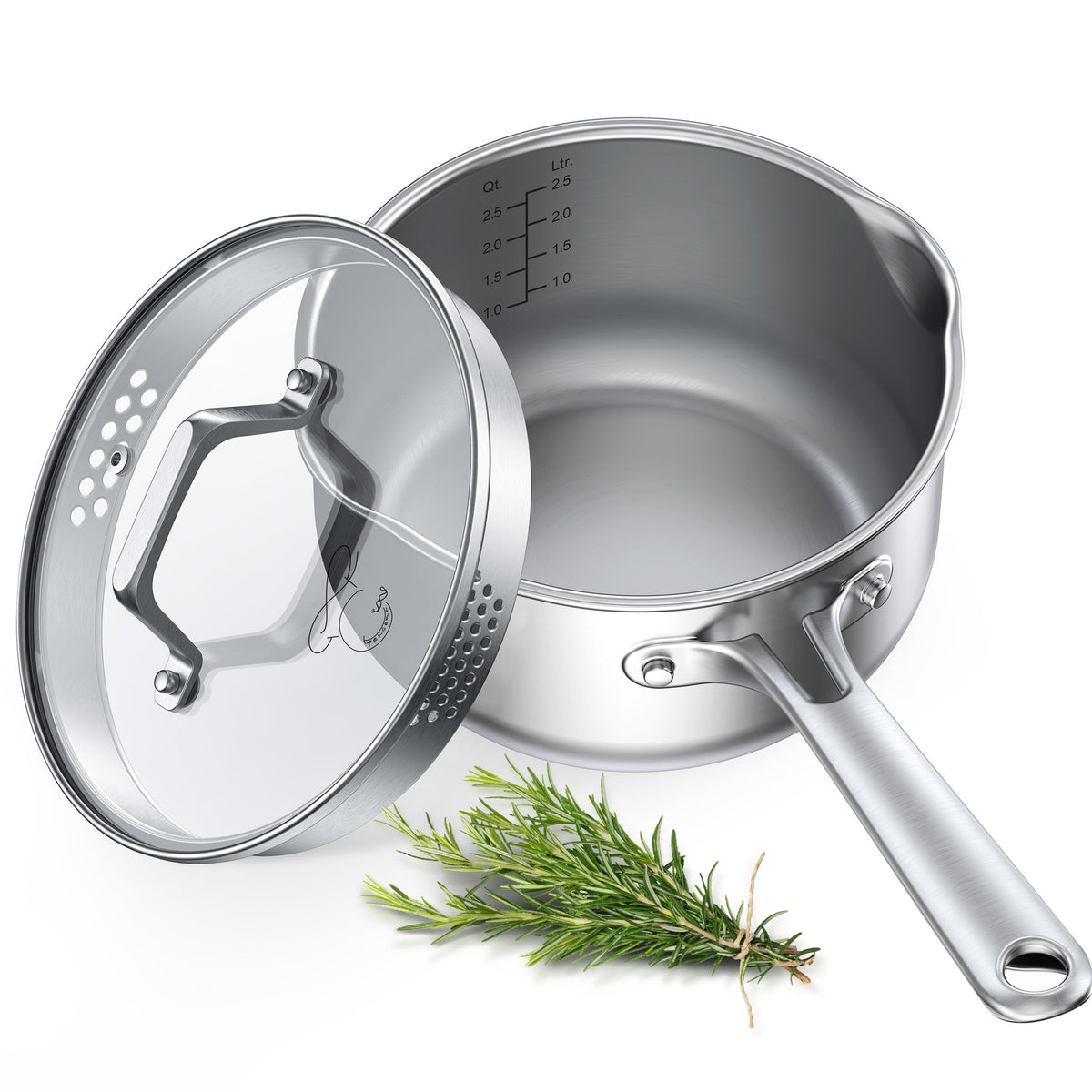 PekGema 3qt saucepan with glass lid and strainer for easy monitoring and draining.