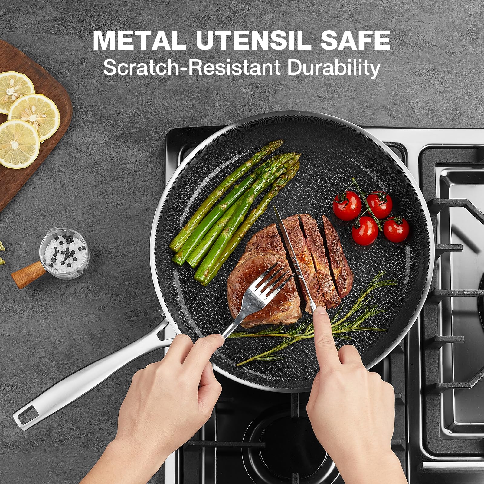 Induction-ready base of PekGema Hybird pan ensures versatile stovetop use.