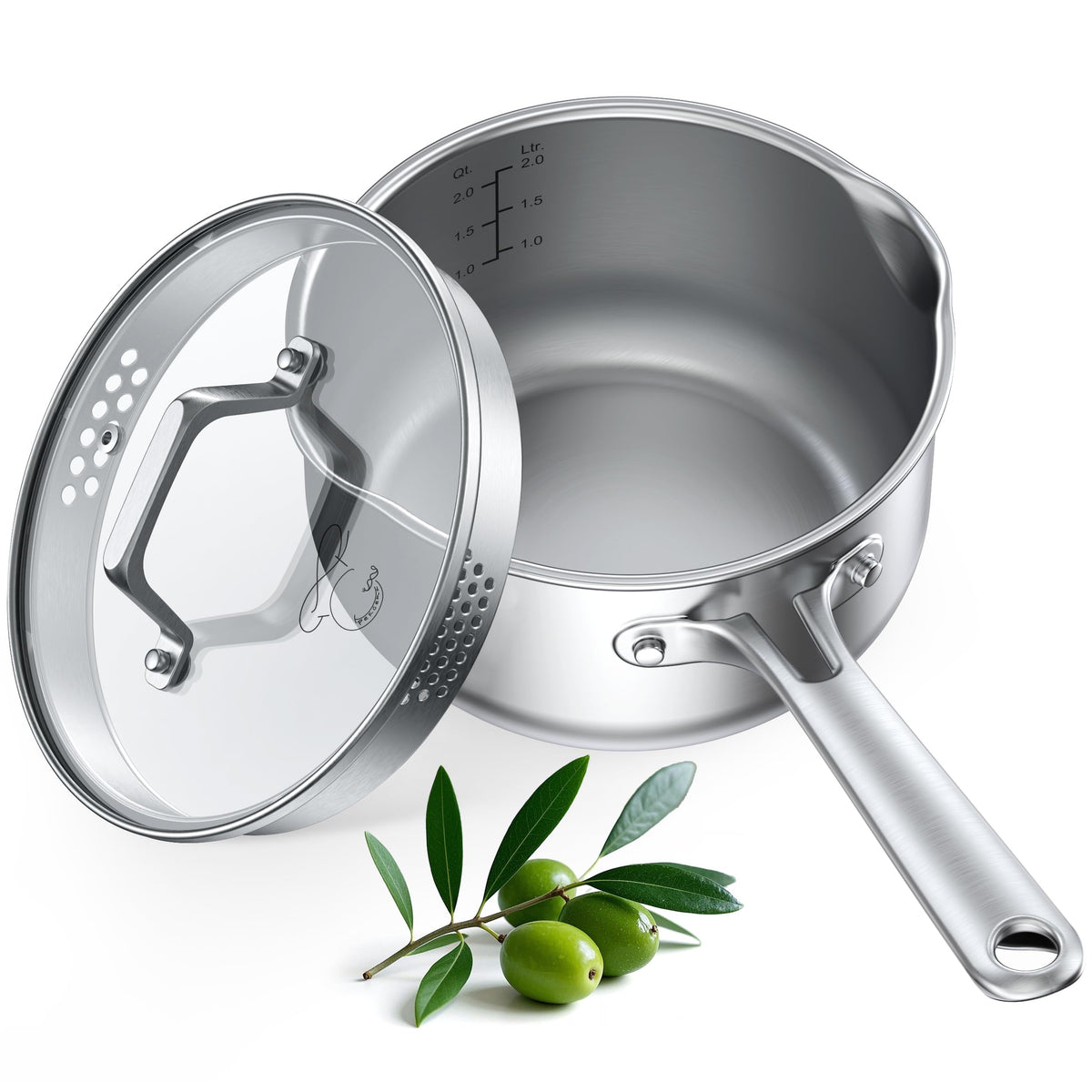 PekGema 2.5 qt tri-ply saucepan with glass strainer lid for smooth draining.