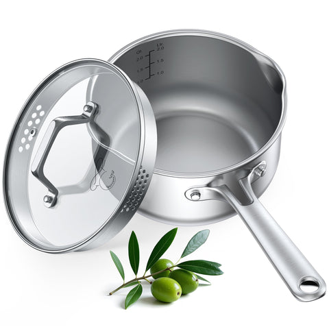 PekGema 2.5 qt tri-ply saucepan with glass strainer lid for smooth draining.
