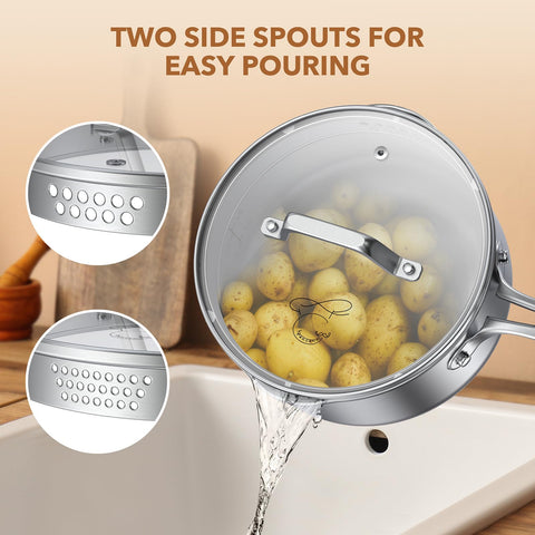PekGema stainless steel pan highlighting tri-ply construction for even heat.