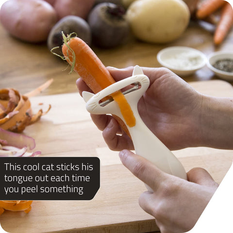 Peleg Design CatPeeler tongue-out pose adds whimsy to peeling.