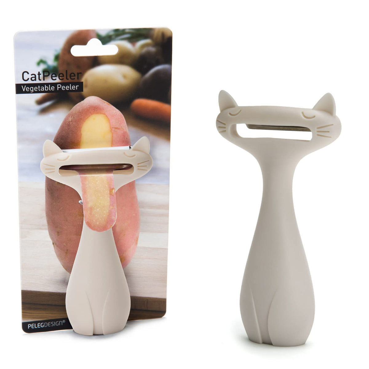Peleg Design CatPeeler front view in white, a playful kitchen helper.