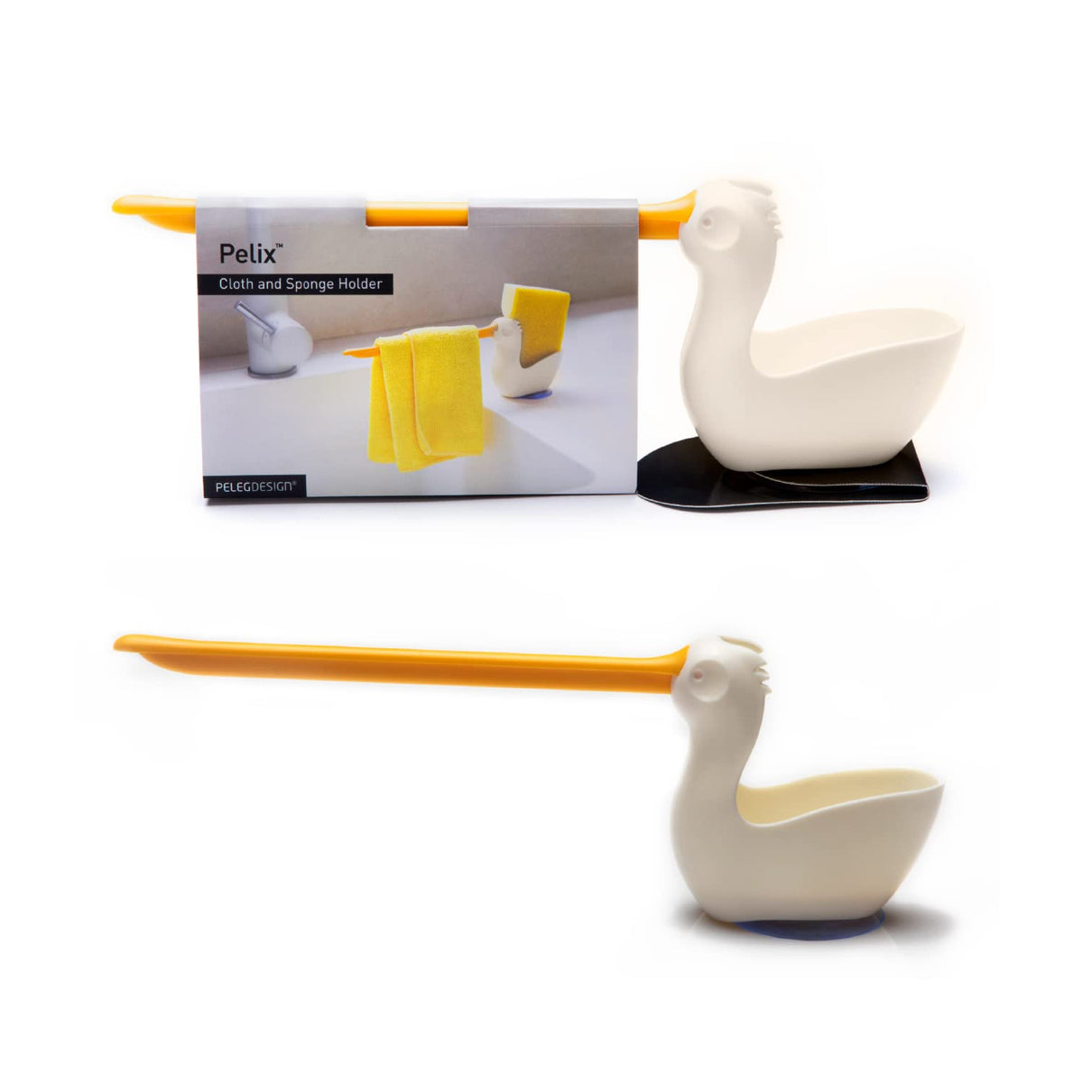 PELEG DESIGN Pelix sponge holder with suction cup keeps sink area tidy and accessible.