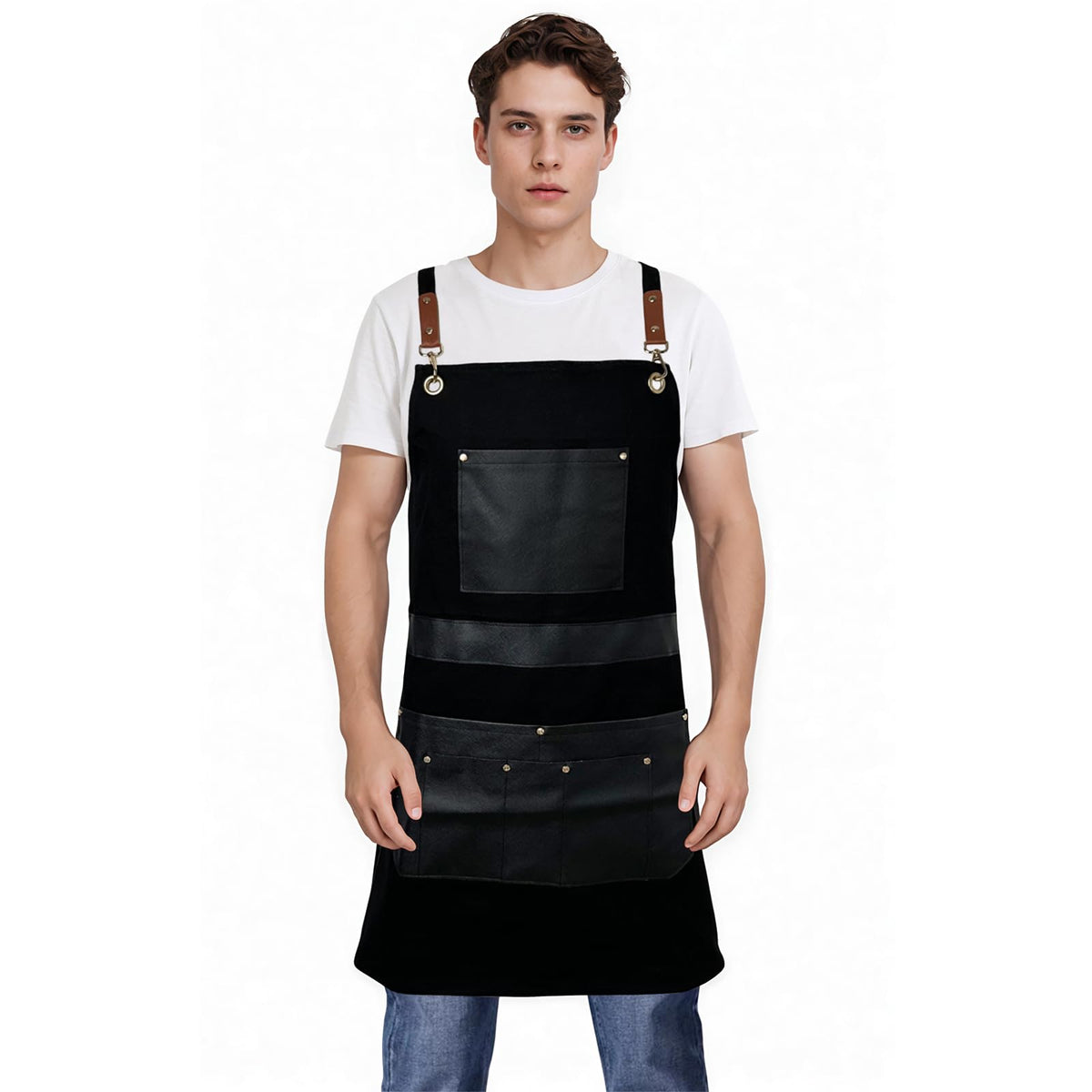 Pelocapa barber apron front view shows sturdy canvas and professional fit
