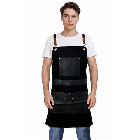 Pelocapa barber apron front view shows sturdy canvas and professional fit
