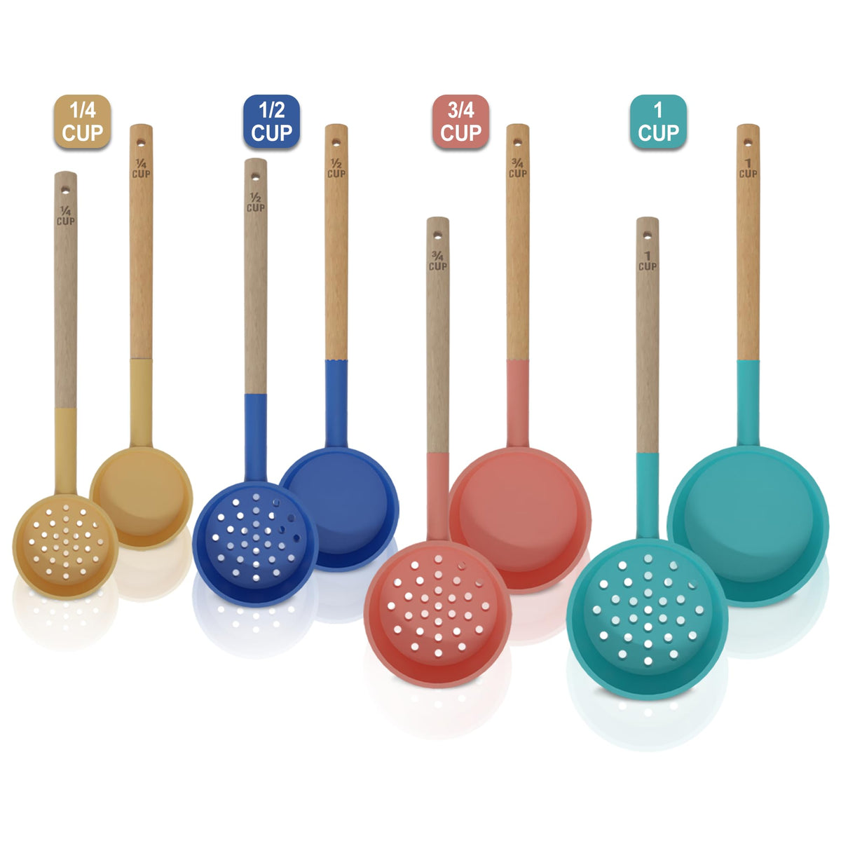 Pelto silicone portion control spoons with wood handle, slotted and solid for precise meal portions