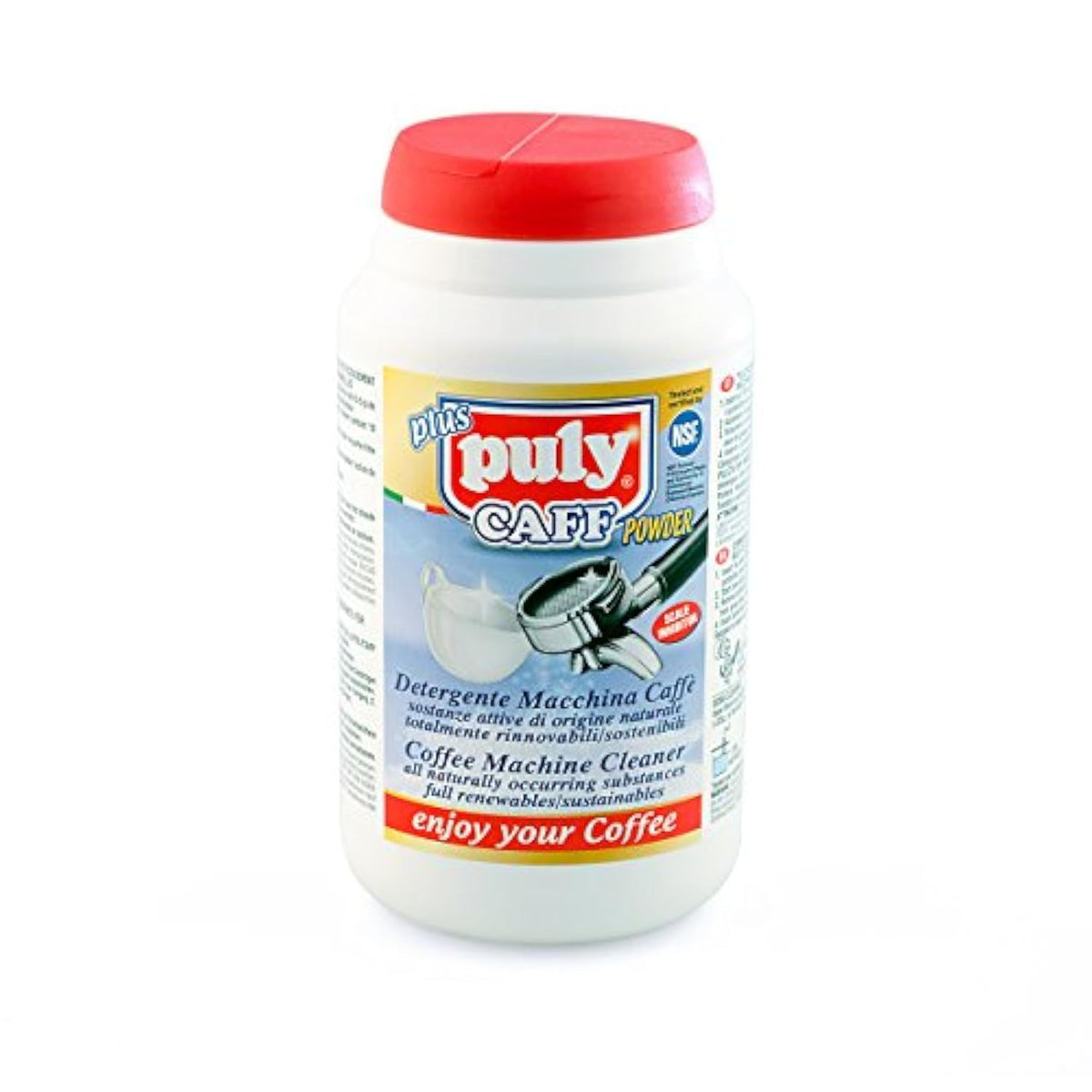 Pendoo Puly Caff Plus espresso cleaner bottle removes coffee oils for deeper machine cleanliness.