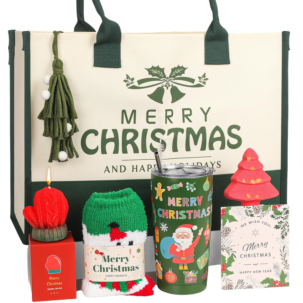PengTai Christmas gift basket with tote, tumbler, socks, and bath items for a cozy holiday moment.