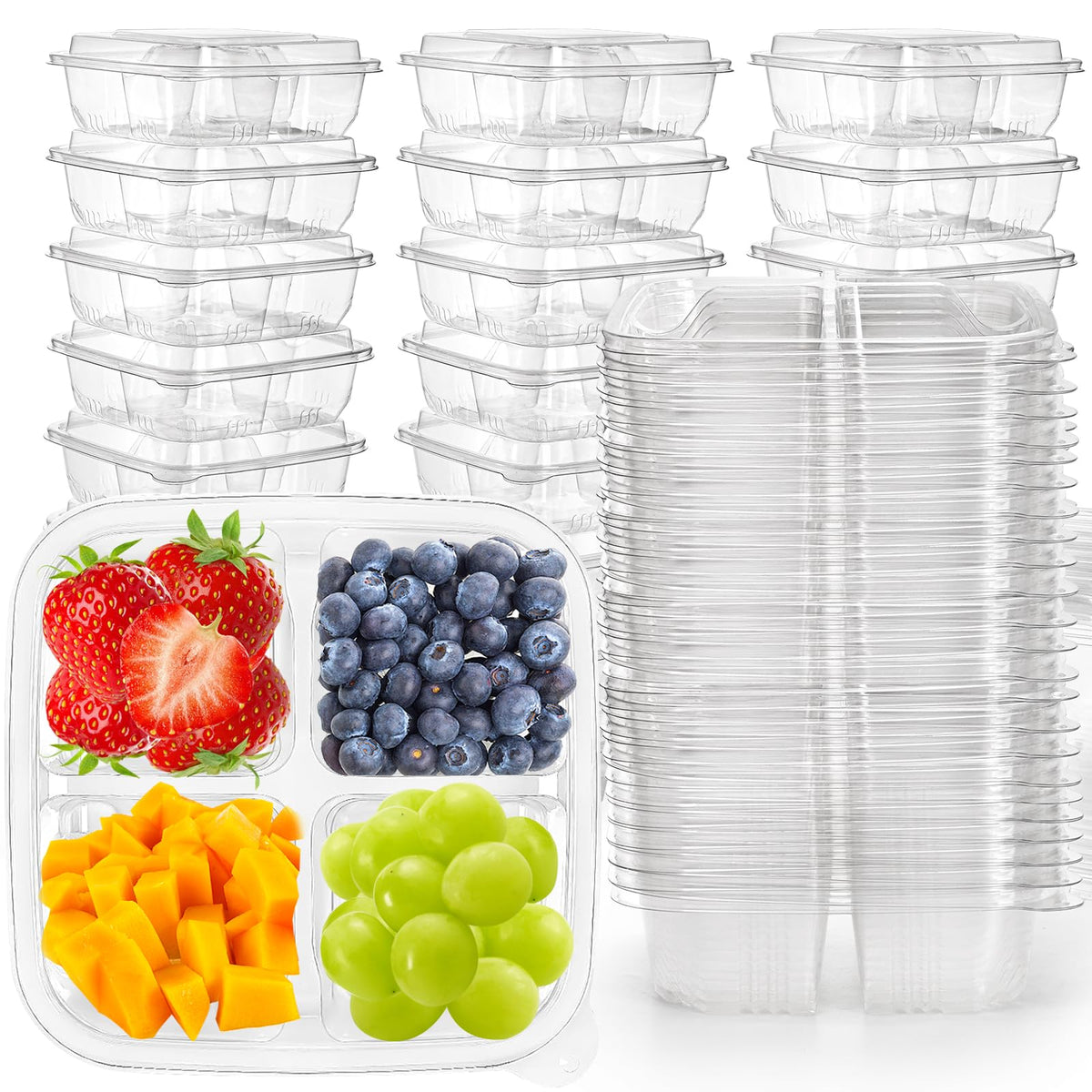 Peohud 50-pack clear bento top view with organized four compartments