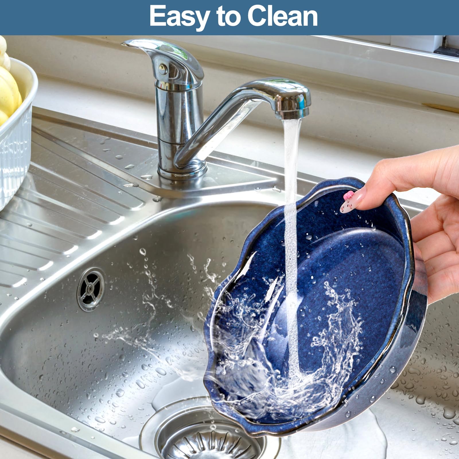 Peohud 6-inch blue ceramic pans safe for microwave and oven use.