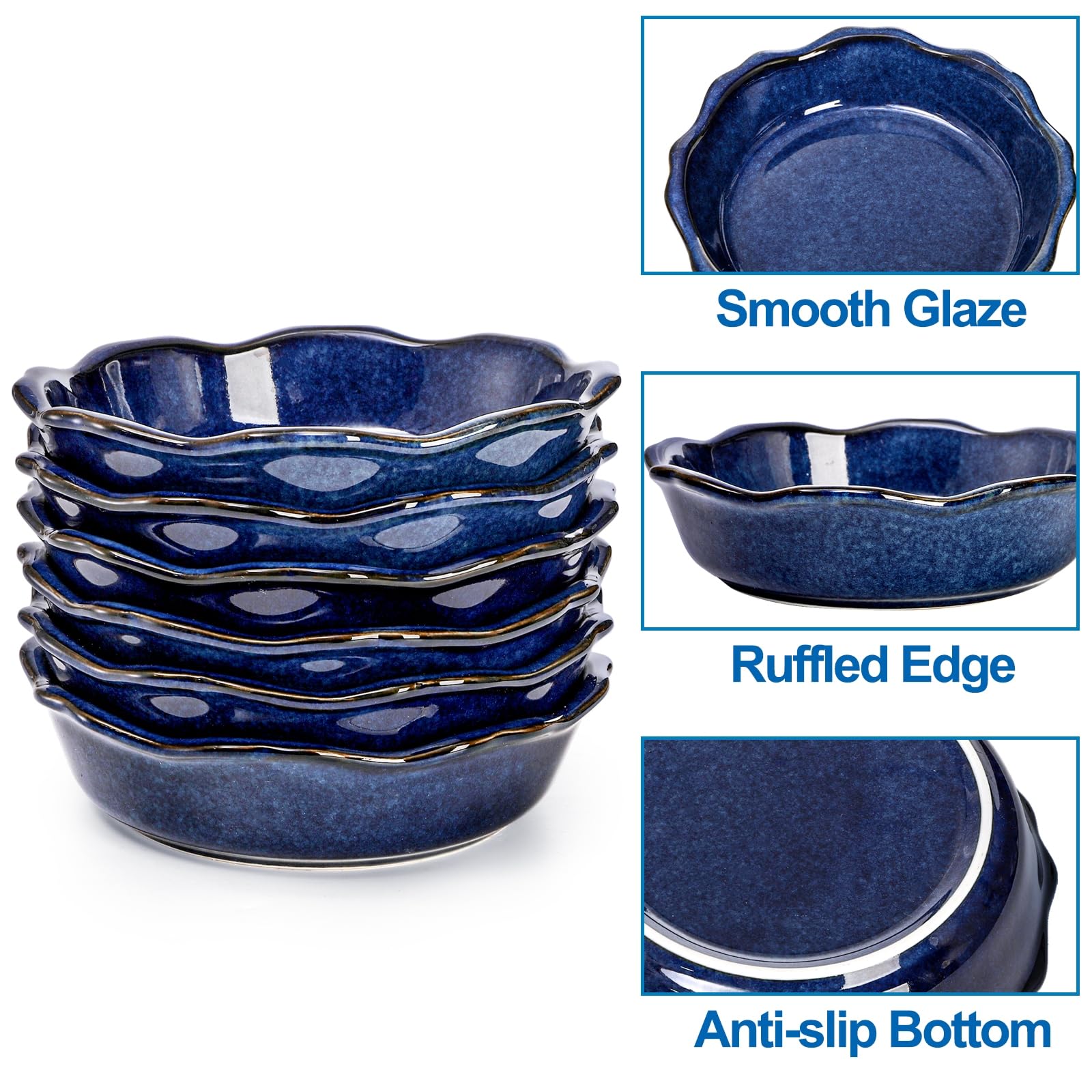 Peohud ruffled-edge blue pie dish with a durable glaze for easy cleaning.