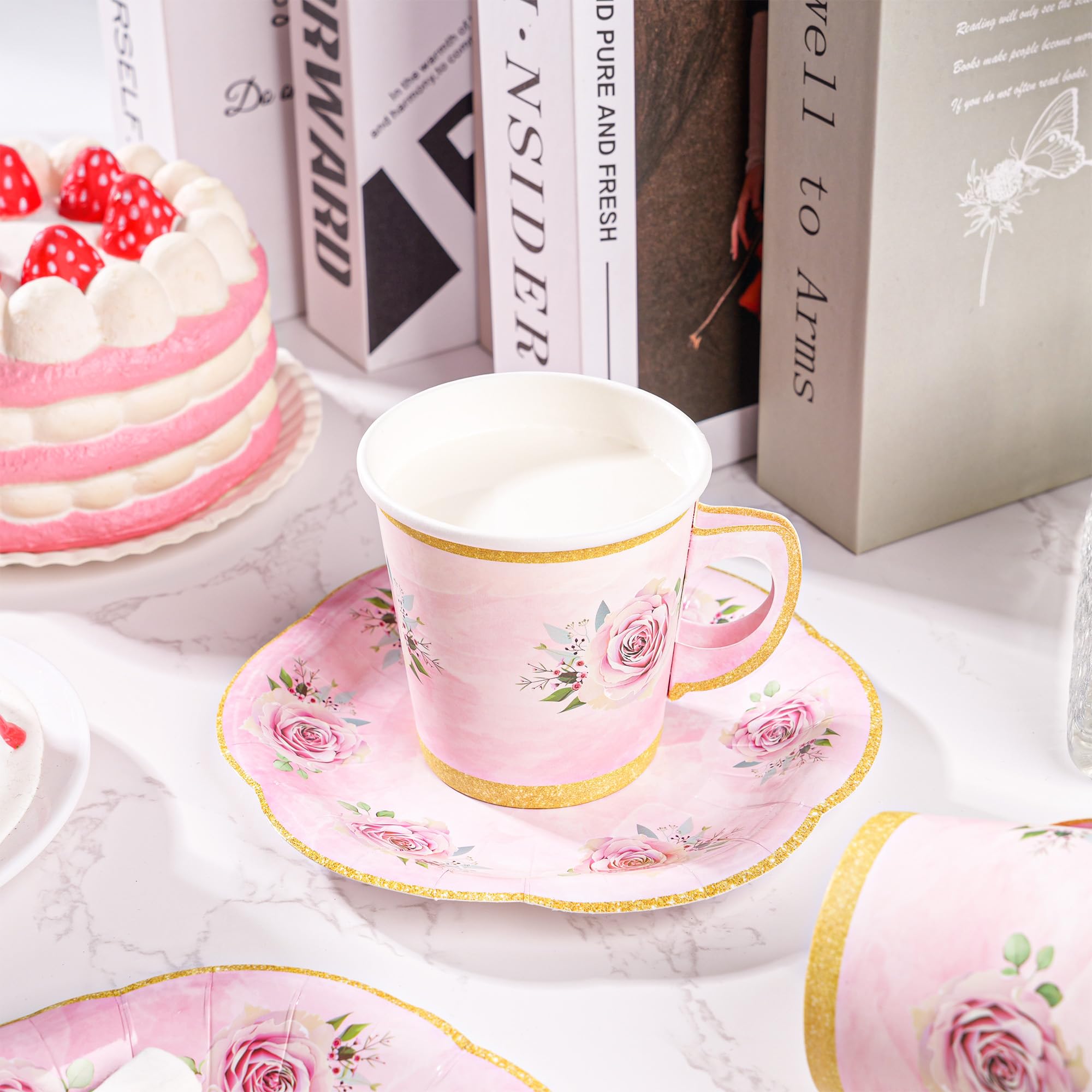 Peony Man gold-rim tea plates complement floral cups for stylish serving.