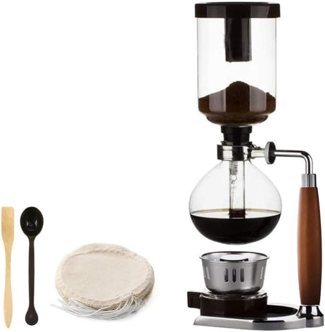Peoxo siphon coffee maker with wooden handle demonstrating pouring action for flavor extraction.