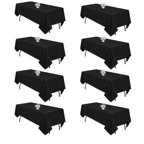 pepmily 8-pack black tablecloths laid flat for a neat dining setup, durable and reusable.