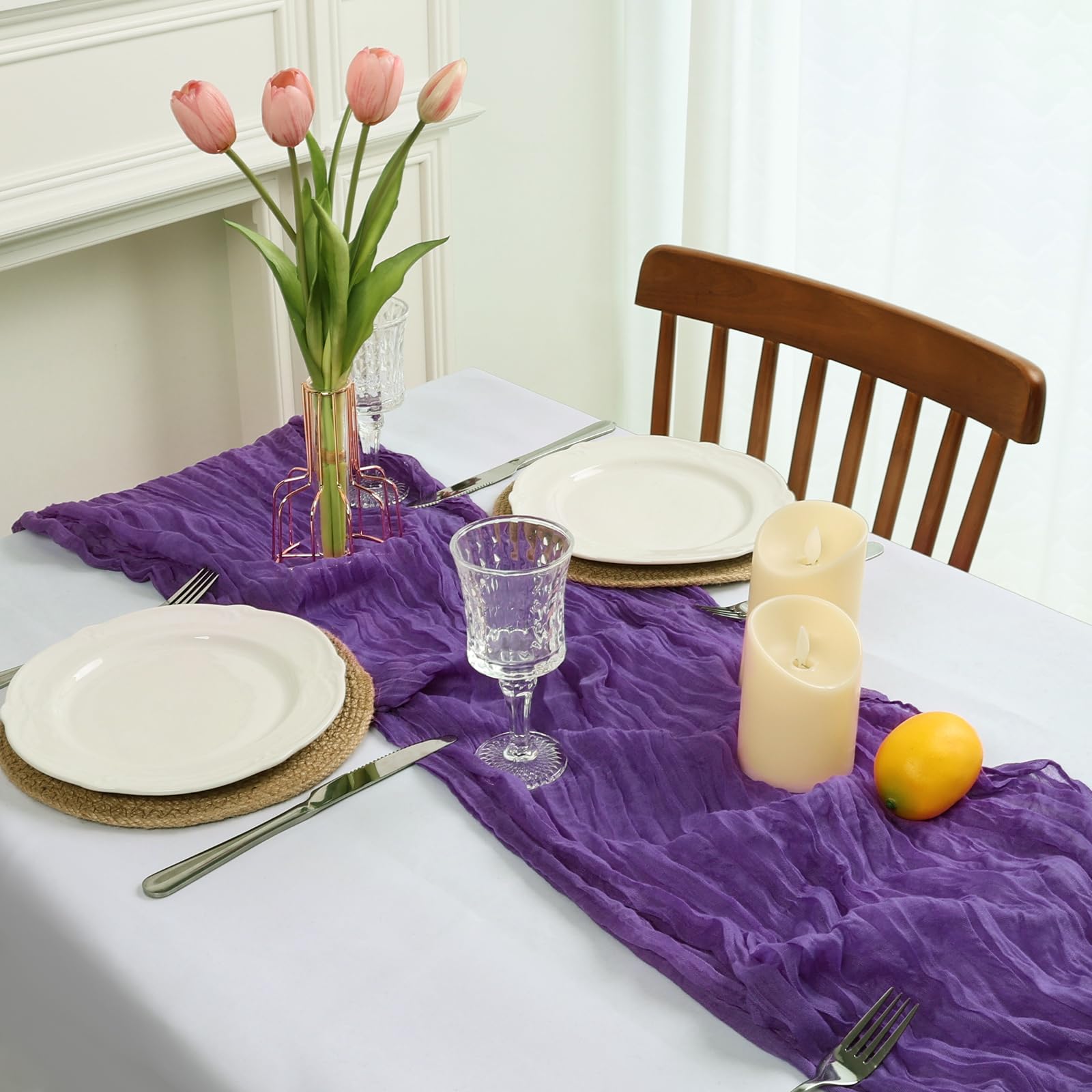 pepmily purple gauze runners create dramatic layers on long banquet tables