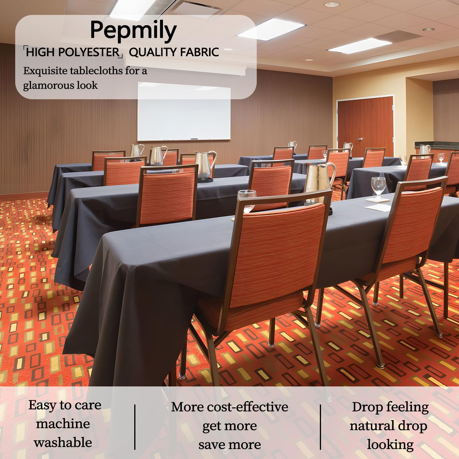 pepmily tablecloth on a 6-foot table with soft cotton-like texture for elegant dining.
