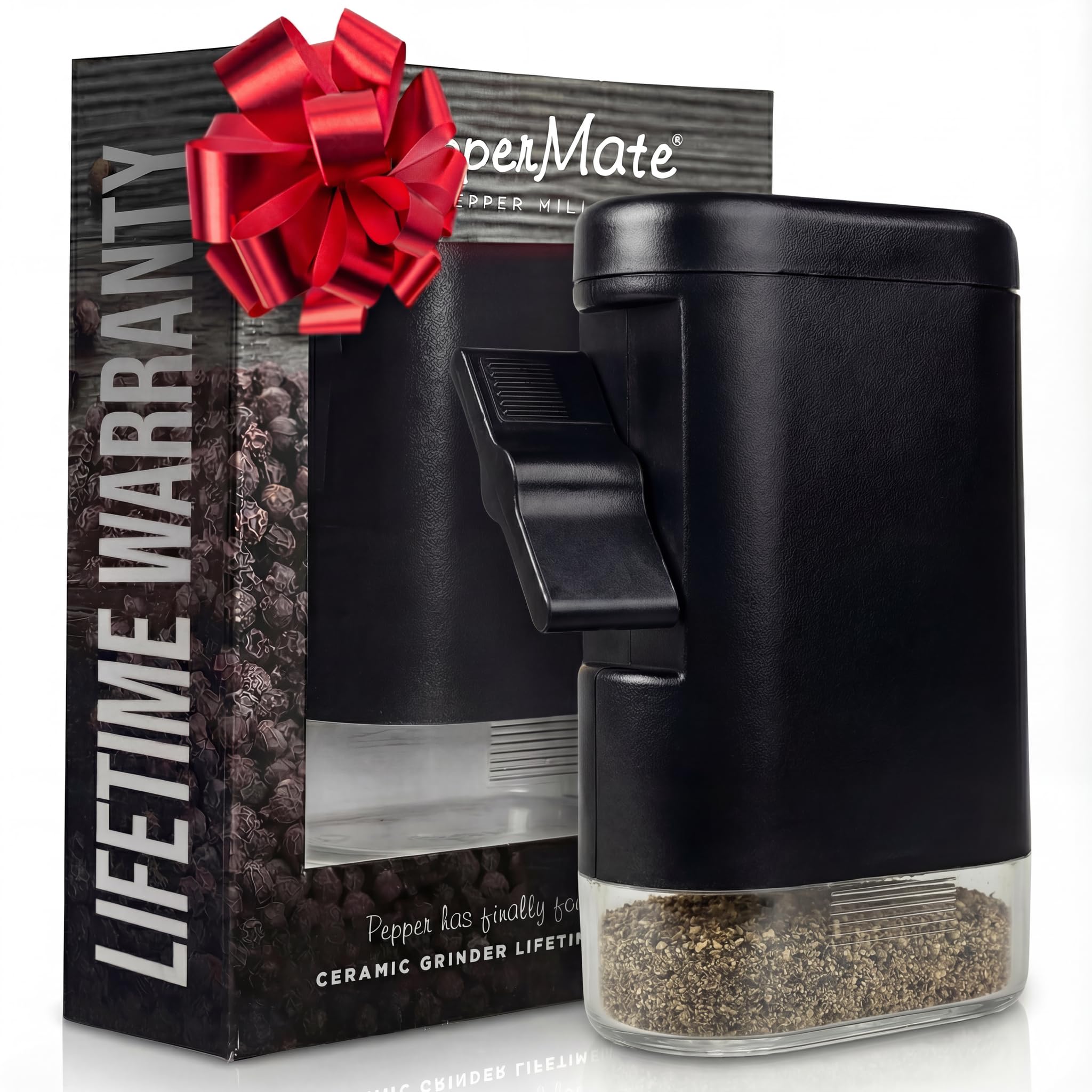 PepperMate Traditional Black Pepper Grinder Mill side view on counter, stylish table presence