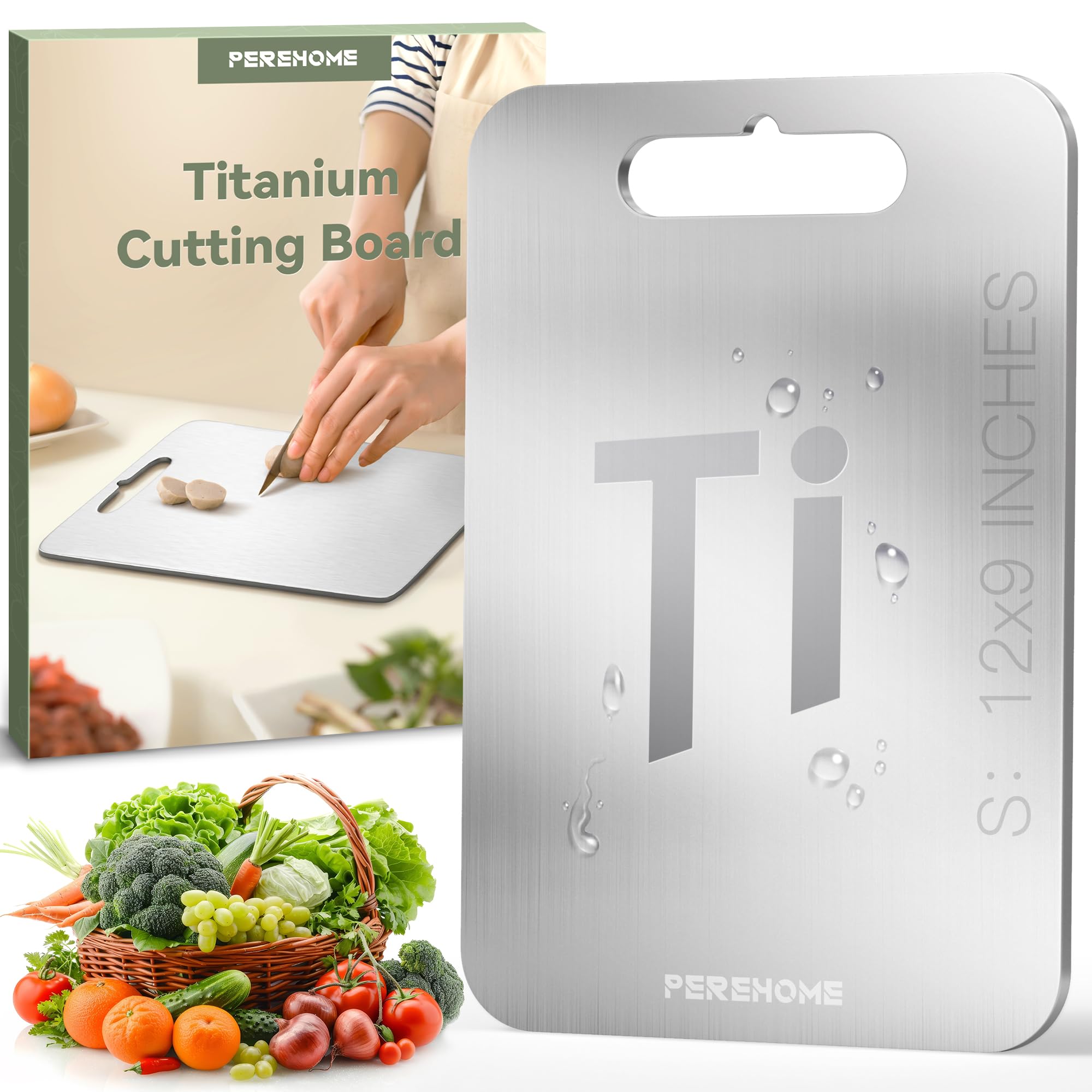 Perehome titanium cutting board top view showing dual-surface design for versatile prep
