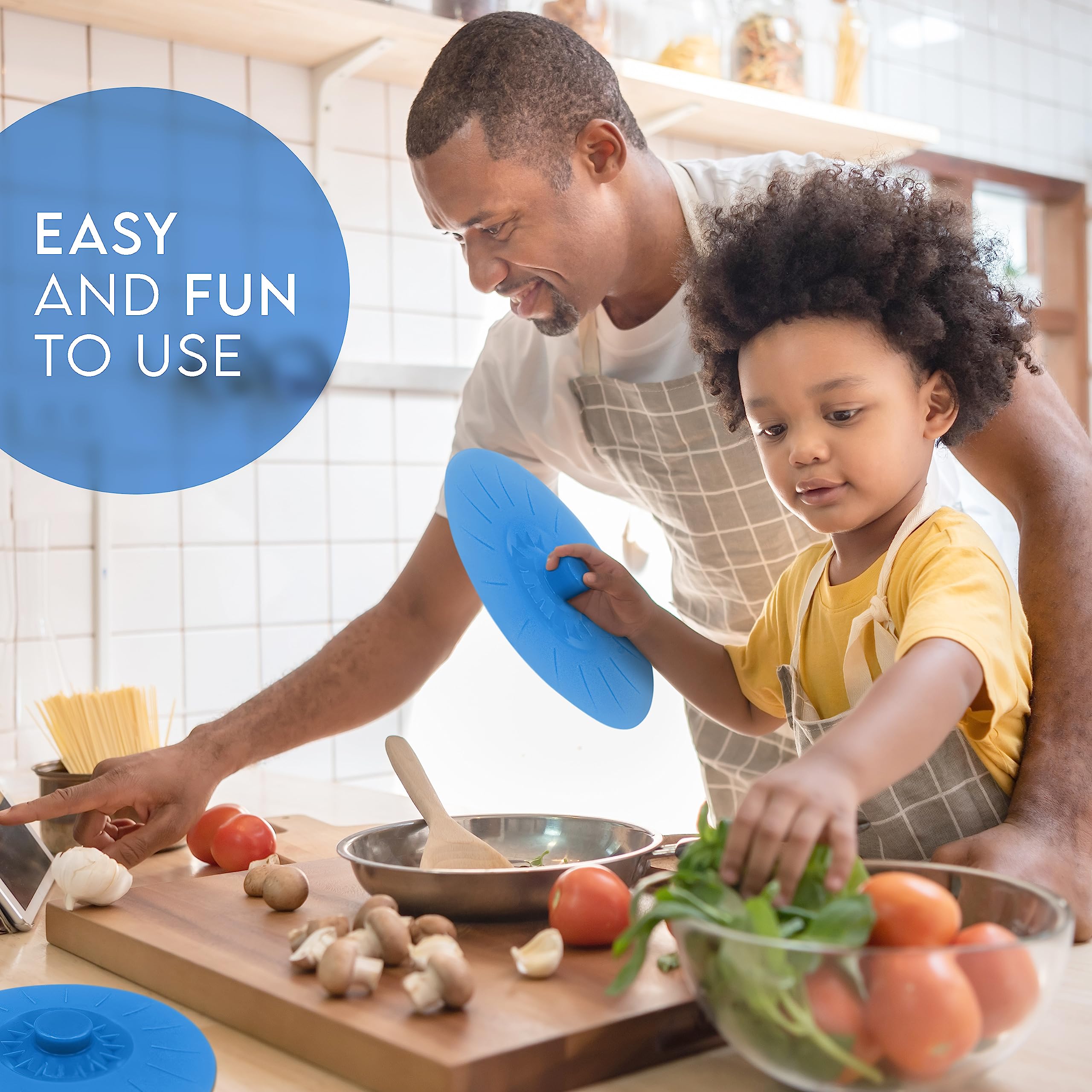 Perfect and Simple dishwasher-safe blue lids simplify kitchen cleanup.