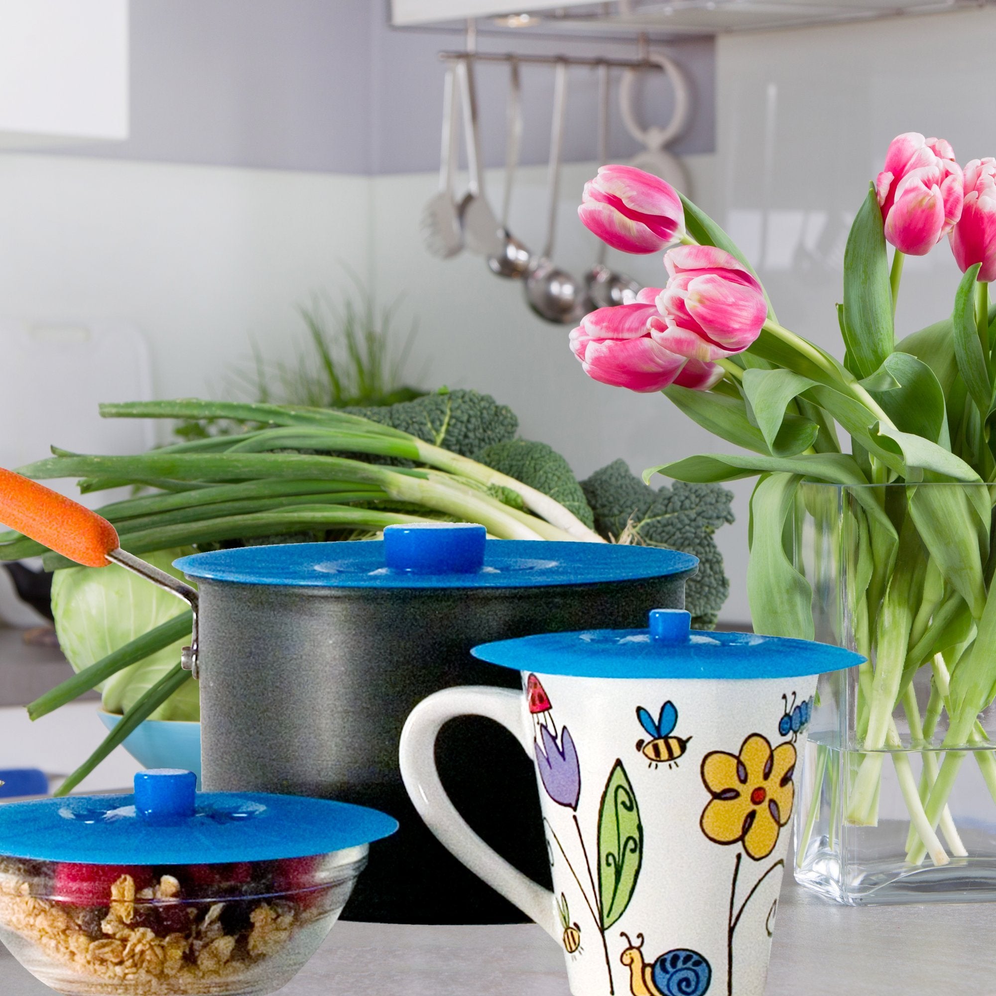 Perfect and Simple blue lids help reduce kitchen cabinet clutter.