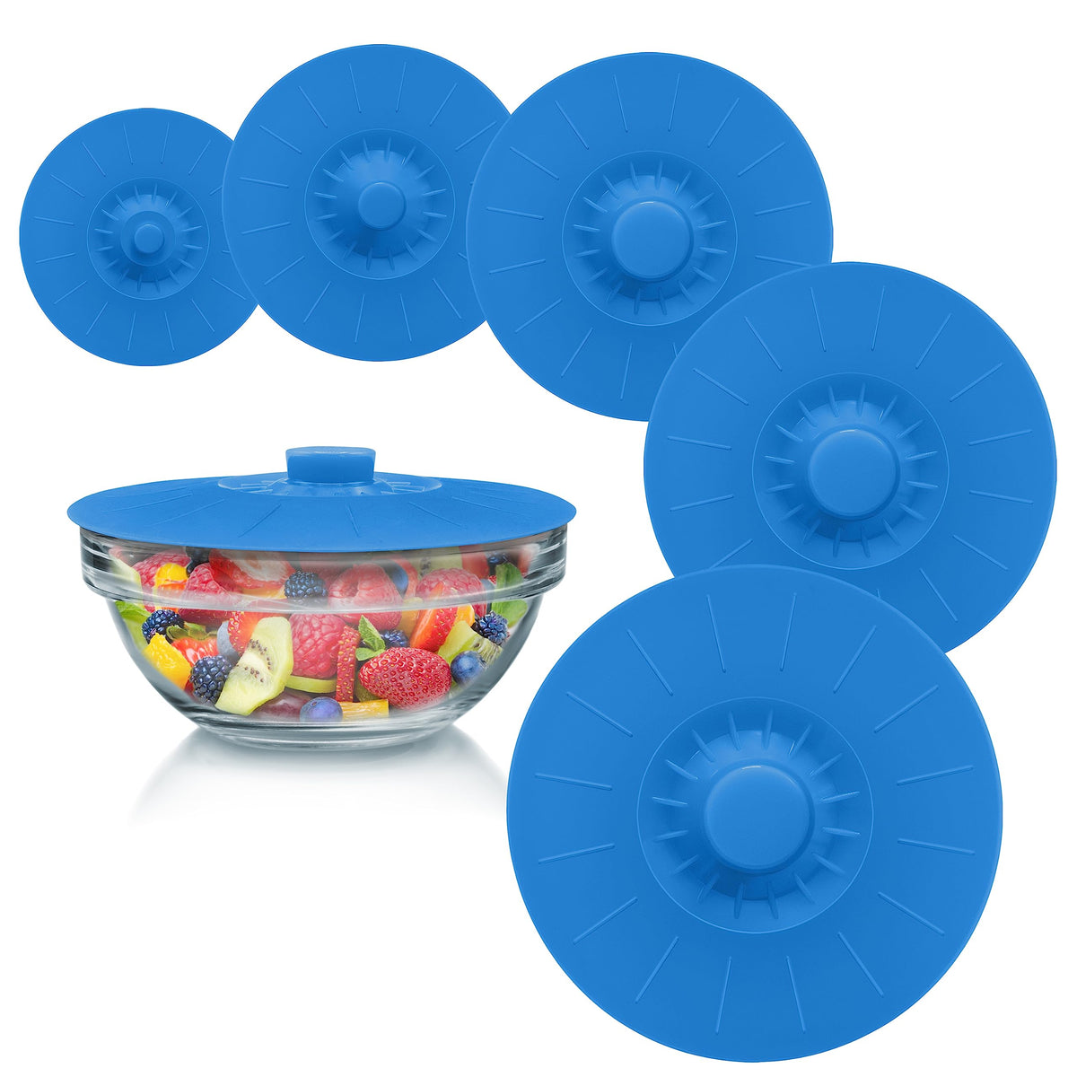 Perfect and Simple blue silicone bowl lids set of 5 with universal fit for bowls.