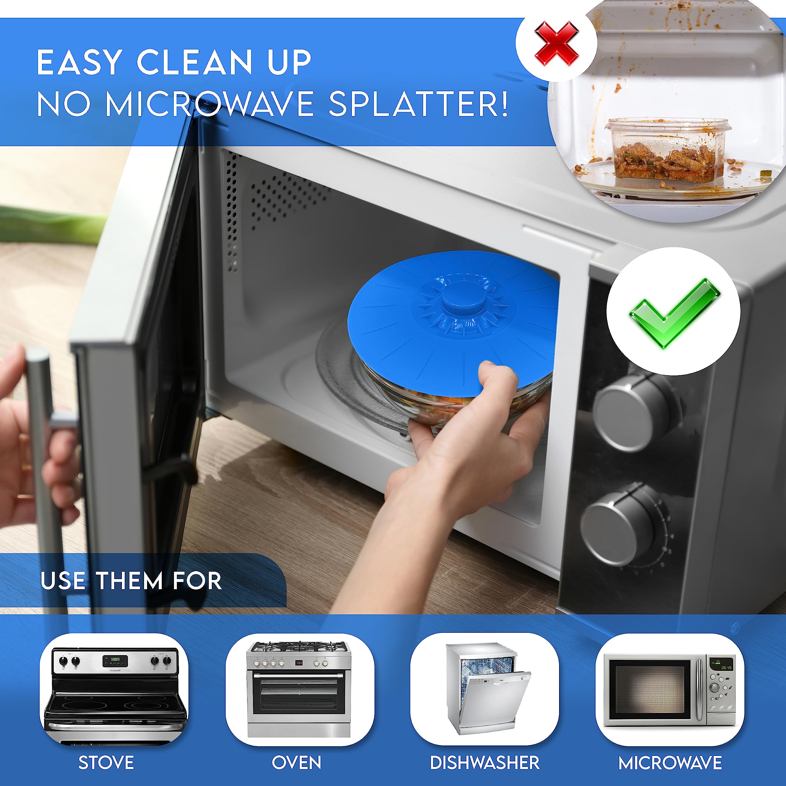 Perfect and Simple blue lids demonstrate a strong suction seal on a bowl.