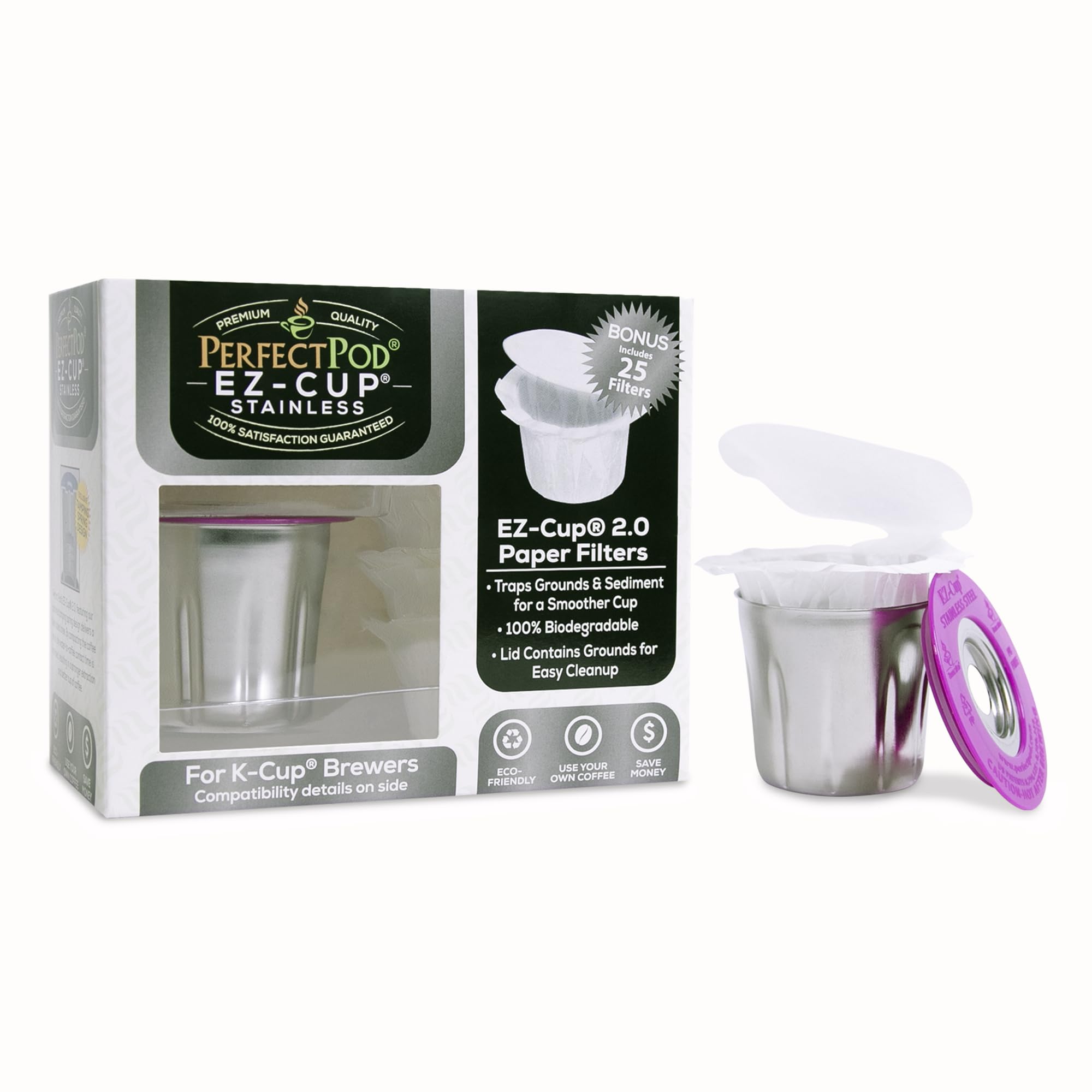 PERFECT POD 25 disposable filters enable quick, mess-free brewing.