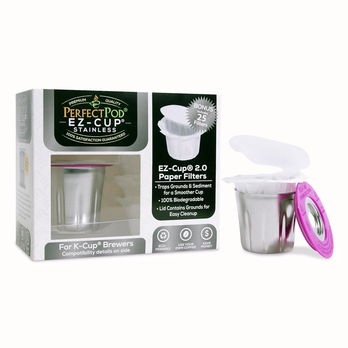 PERFECT POD EZ-Cup stainless steel reusable pod for fresh coffee at home with Keurig.
