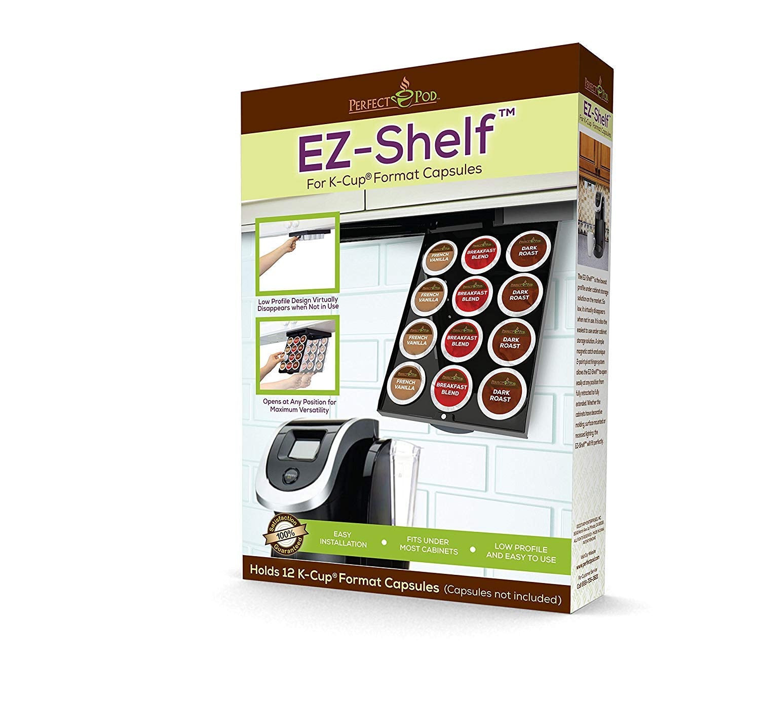 EZ-Shelf mounted under cabinet for discreet coffee pod access.