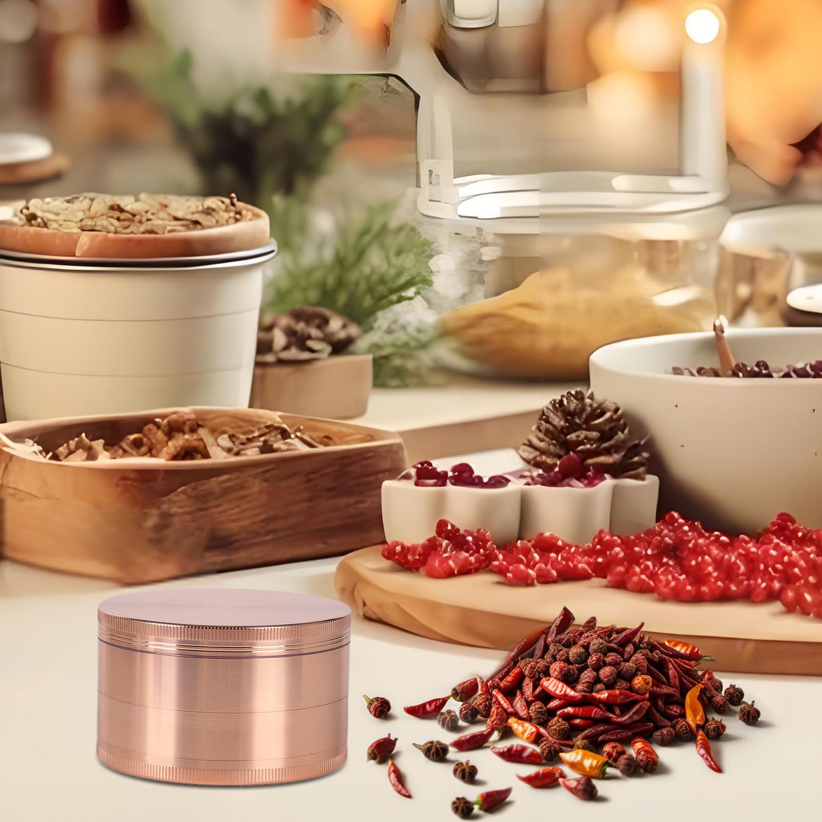 Perfekitsup rose gold spice grinder in use on a countertop