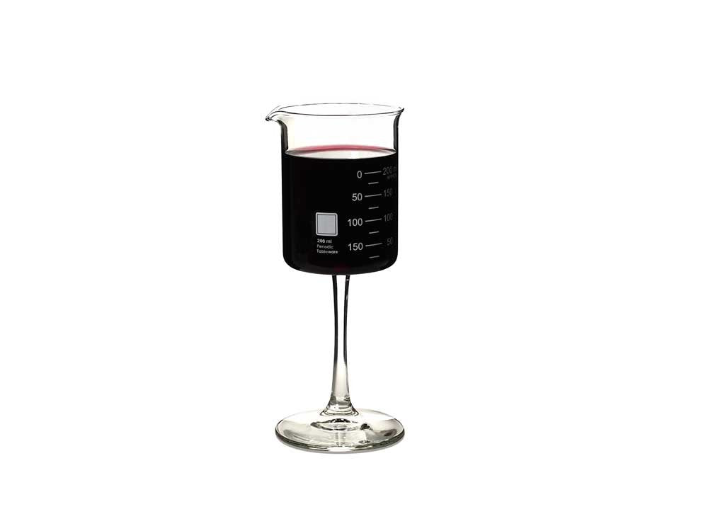 Periodic Tableware lab beaker wine glass closeup highlights precise design for entertaining wine lovers.
