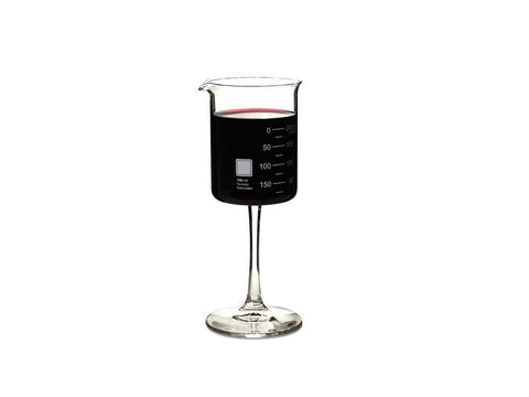 Periodic Tableware lab beaker wine glass closeup highlights precise design for entertaining wine lovers.