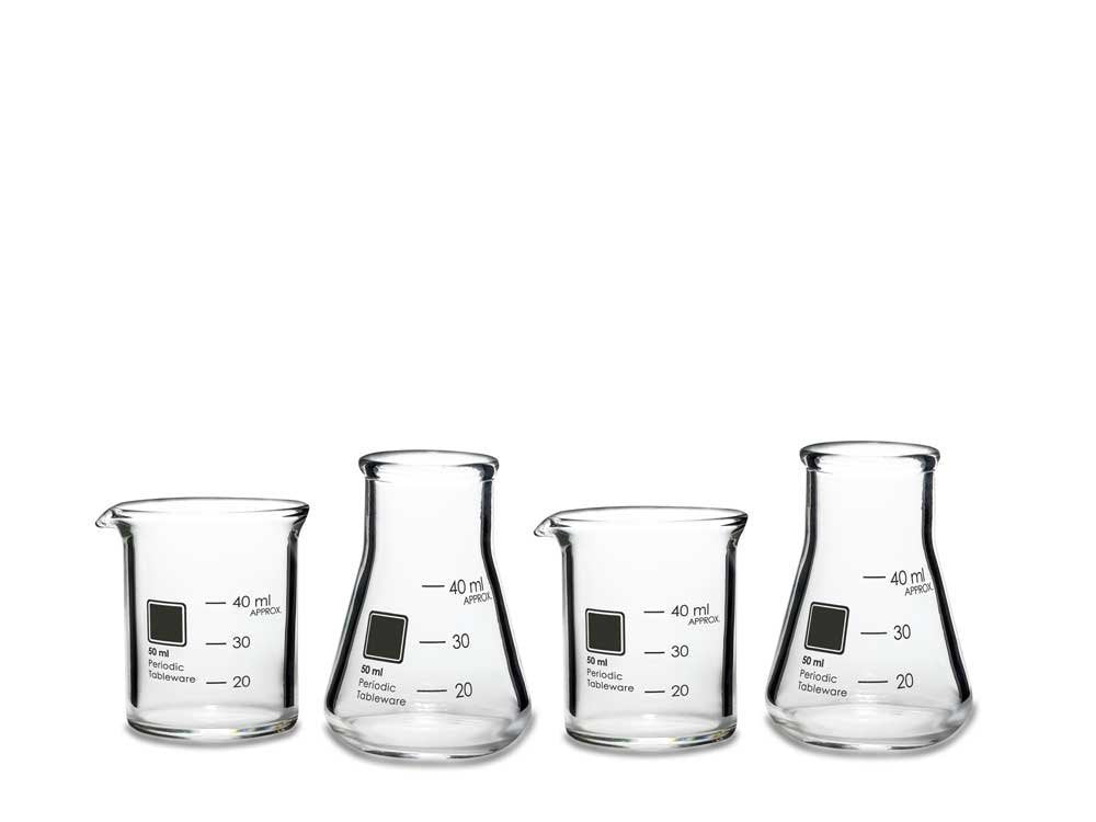 Periodic Tableware laboratory beaker shot glasses set with precise 40 ml pours for science-themed parties