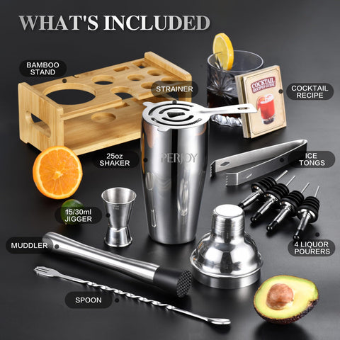 Perjoy bamboo stand holding the 12-piece set, organized for stylish home bartending