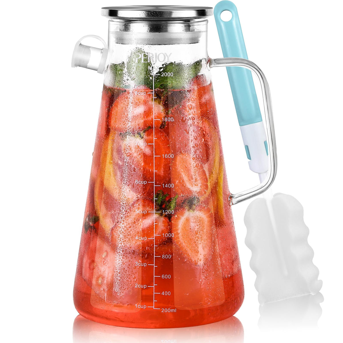 Perjoy glass pitcher with lid close-up showing leak-proof seal for fresh beverages.