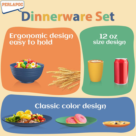 Perlapoc wheat straw dishware set on table – modern look, four-color collection