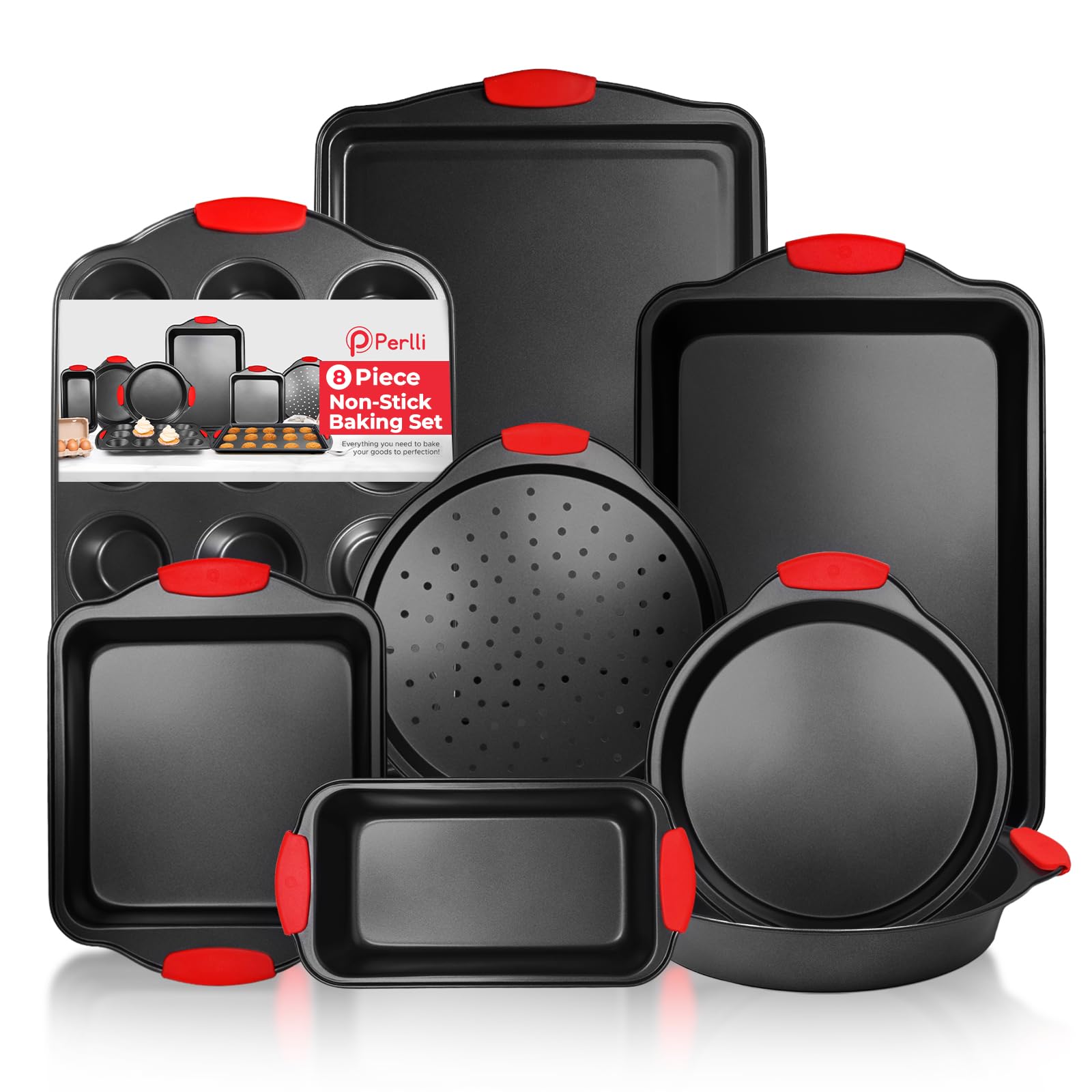 PERLLI 8-piece bakeware set cookie sheet for even browning and easy cleanup
