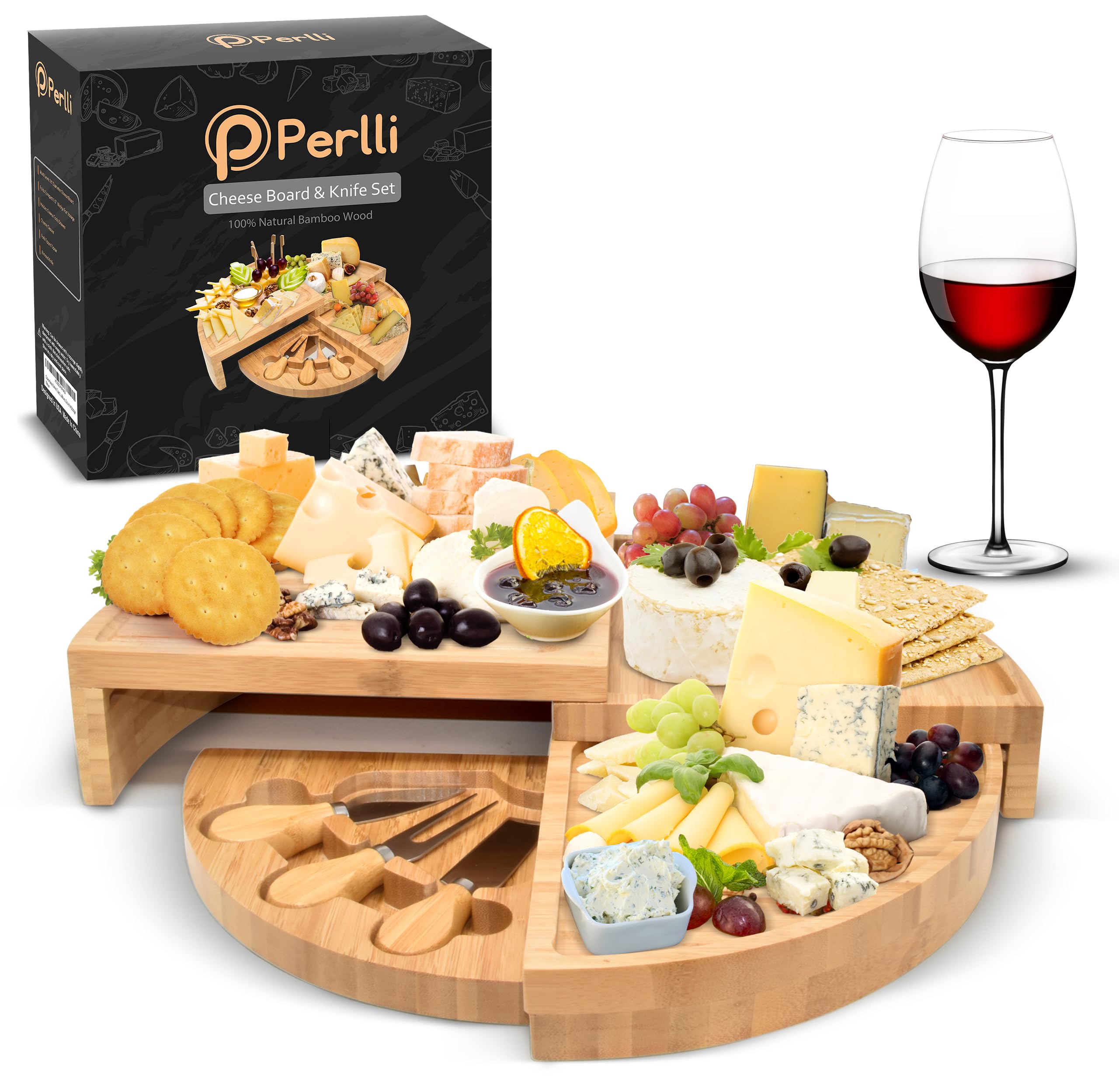 PERLLI bamboo cheese board with knife set for an expansive 18-inch presentation.